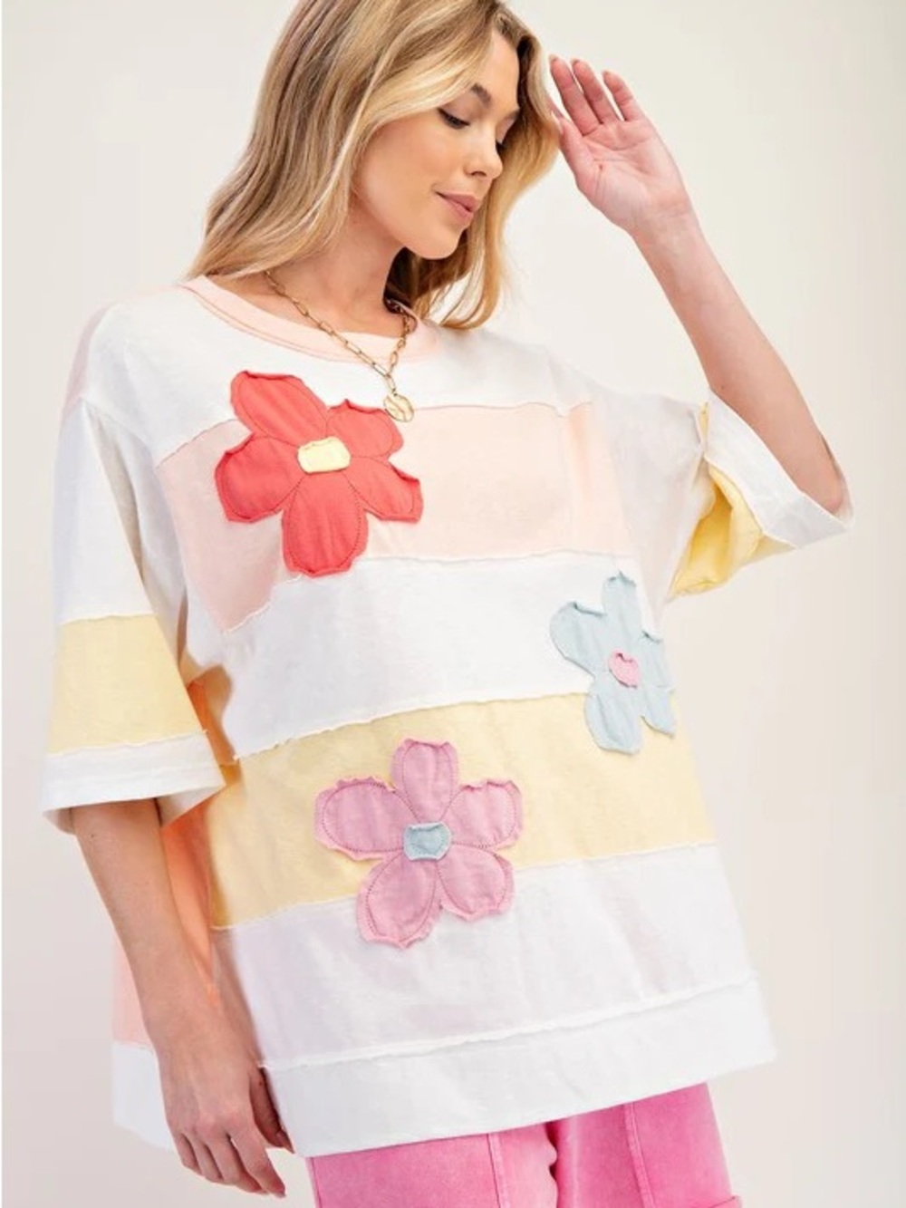 Easel Flower Striped Pastel Color Oversized Block Top Size S Boho